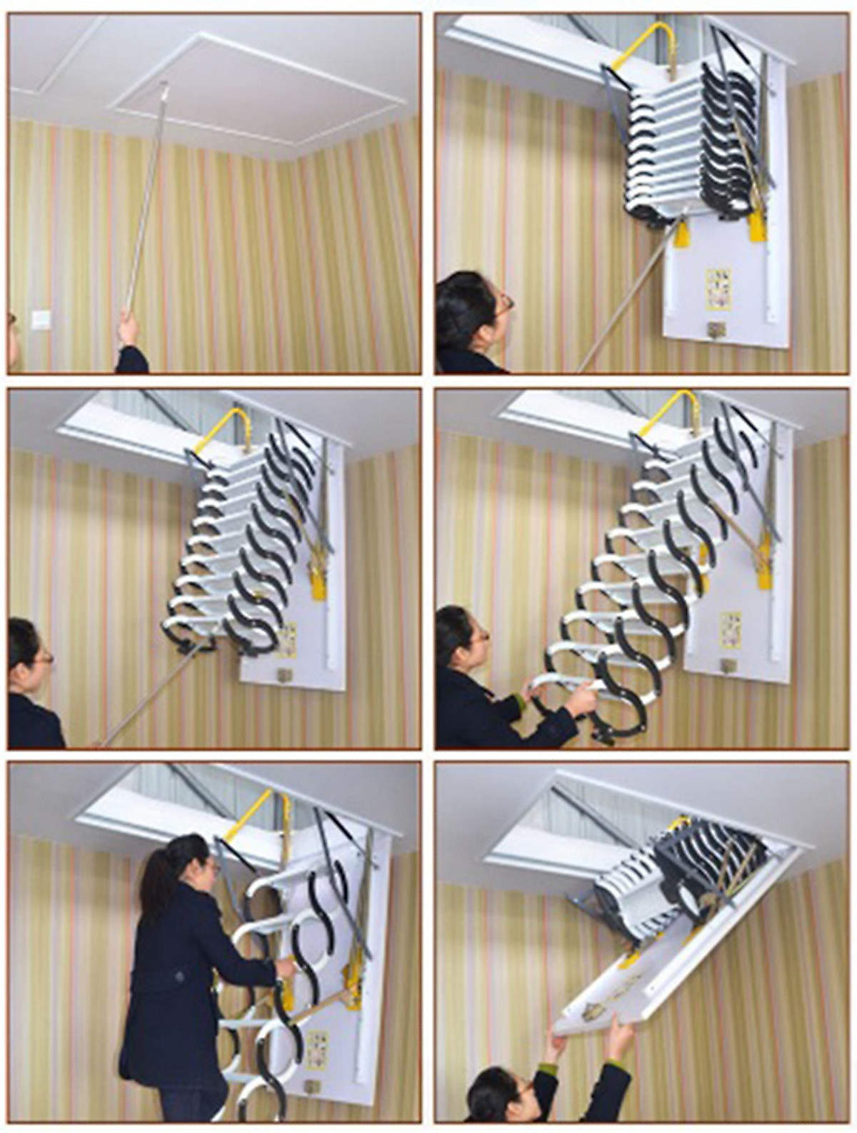 Cầu thang gác mái ốp trần khung nhôm bậc nhôm