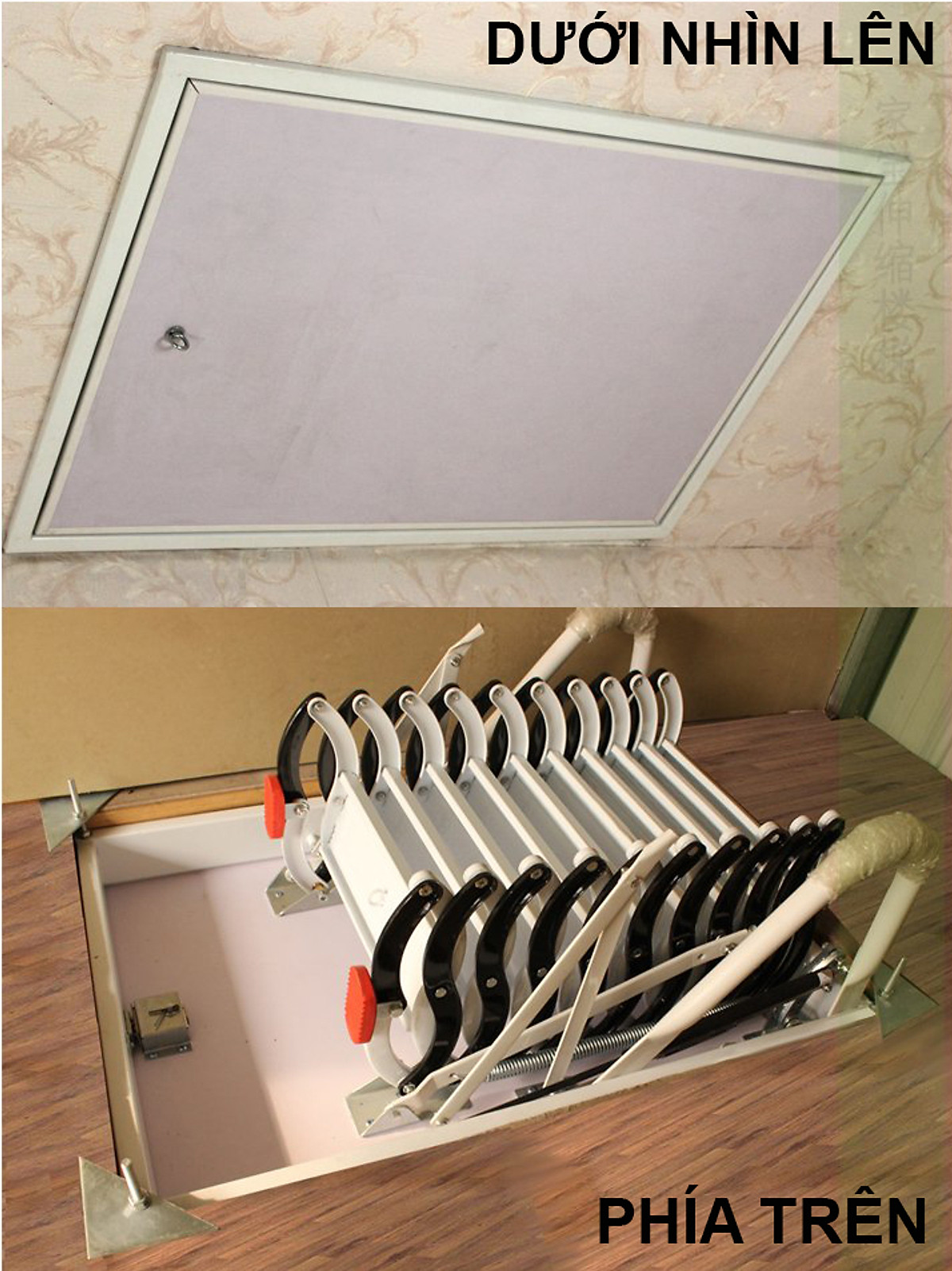 Cầu thang gác mái ốp trần khung nhôm bậc nhôm