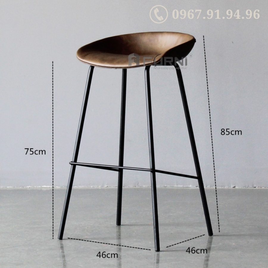 Ghế bar chân sắt sơn tĩnh điện có nệm bọc da màu nâu hiện đại CBNIKA-P