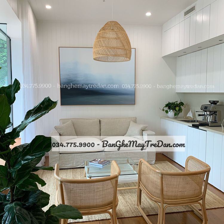 Ghế mây kết hợp với sofa vải phòng khách