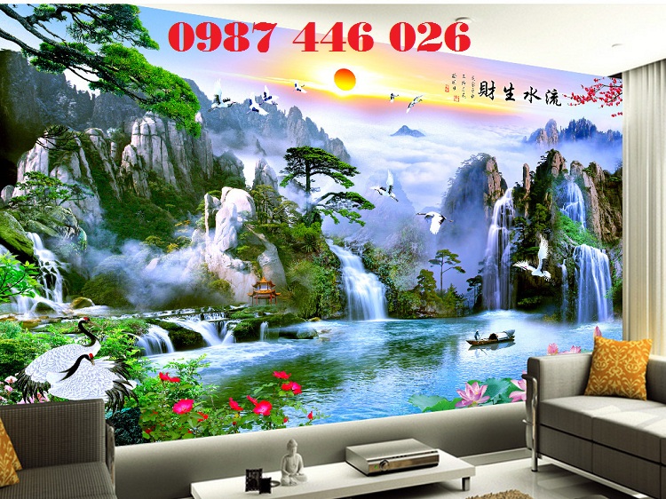 Gạch tranh phong cảnh thác nước, tranh gạch men tường
