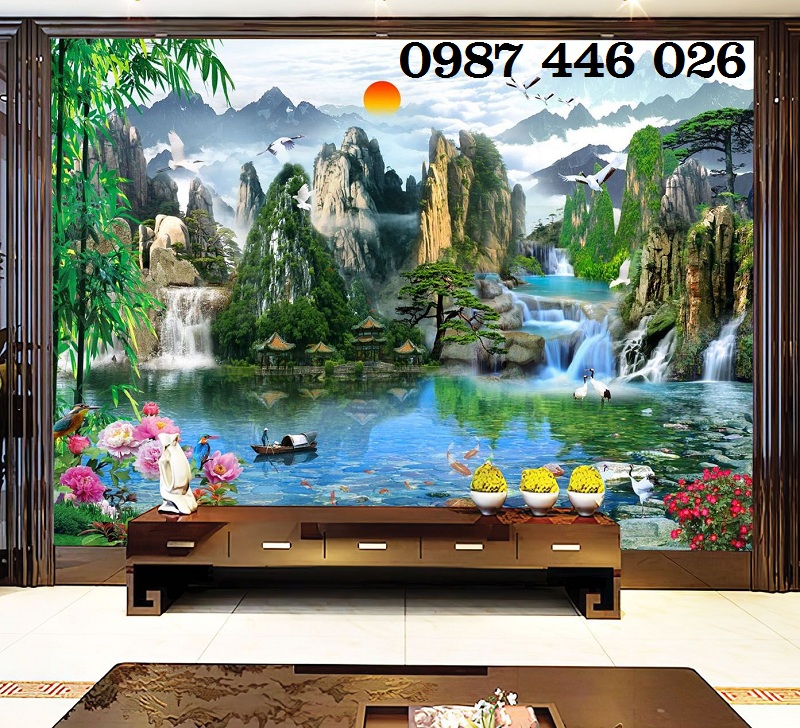 Gạch tranh phong cảnh thác nước, tranh gạch men tường