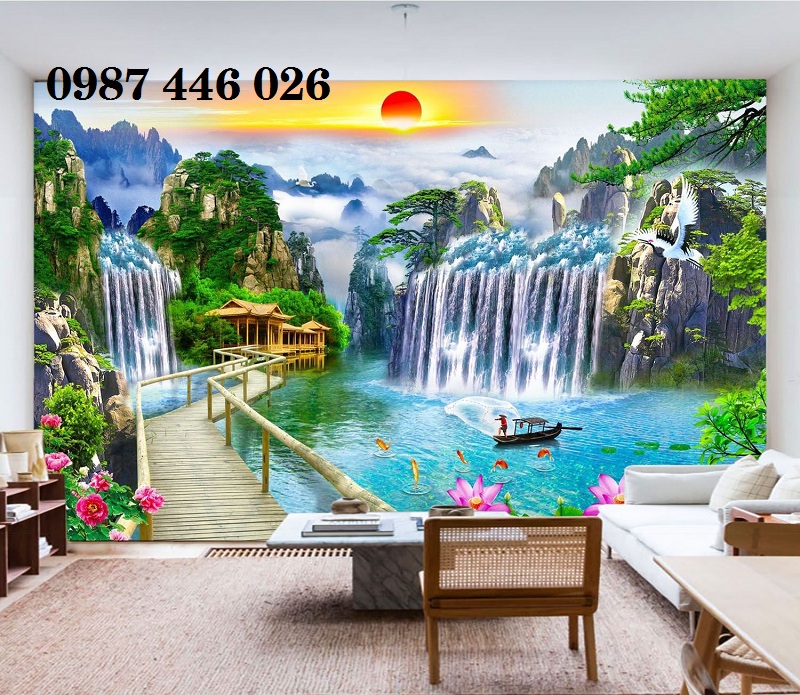 Gạch tranh phong cảnh thác nước, tranh gạch men tường