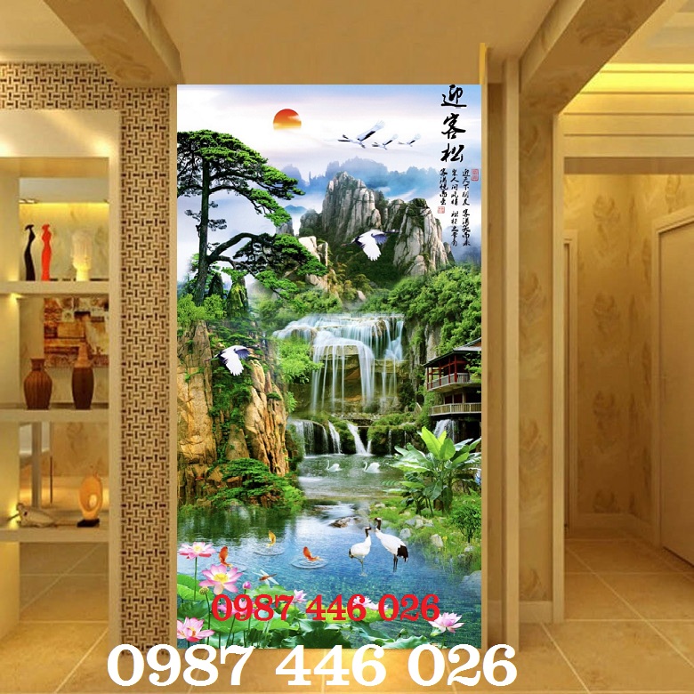 Tranh gạch sơn thủy khổ đứng phòng khách HP2393