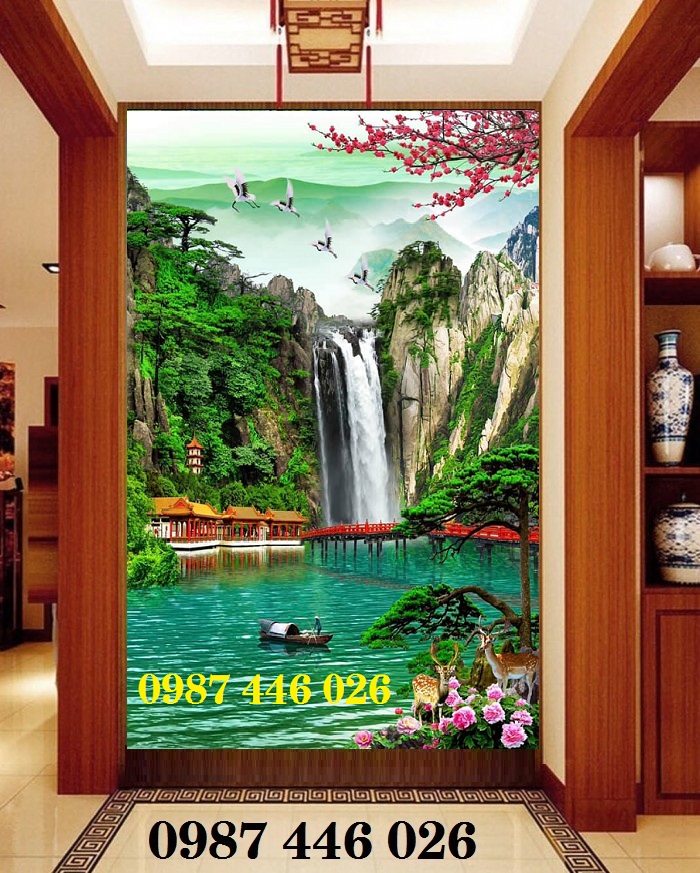 Tranh gạch sơn thủy khổ đứng phòng khách HP2393