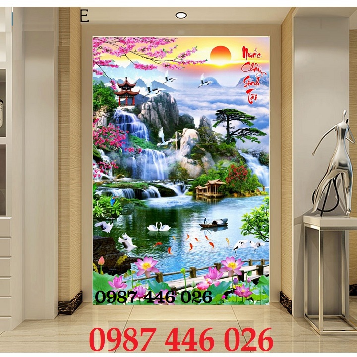 Tranh gạch sơn thủy khổ đứng phòng khách HP2393