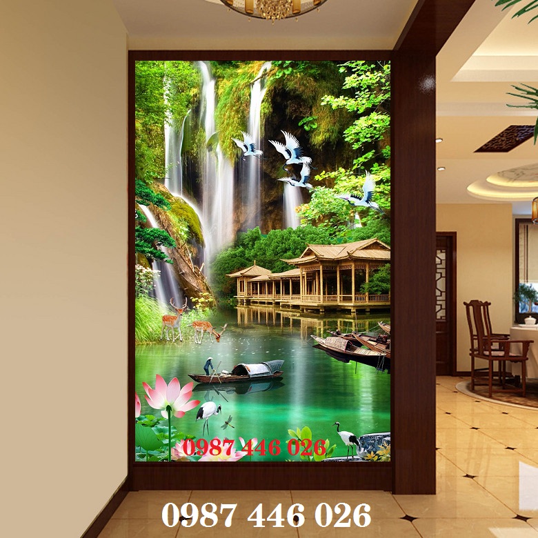 Tranh gạch sơn thủy khổ đứng phòng khách HP2393