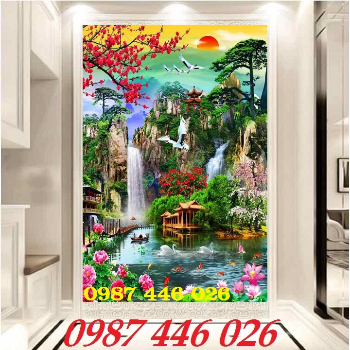Tranh gạch sơn thủy khổ đứng phòng khách HP2393