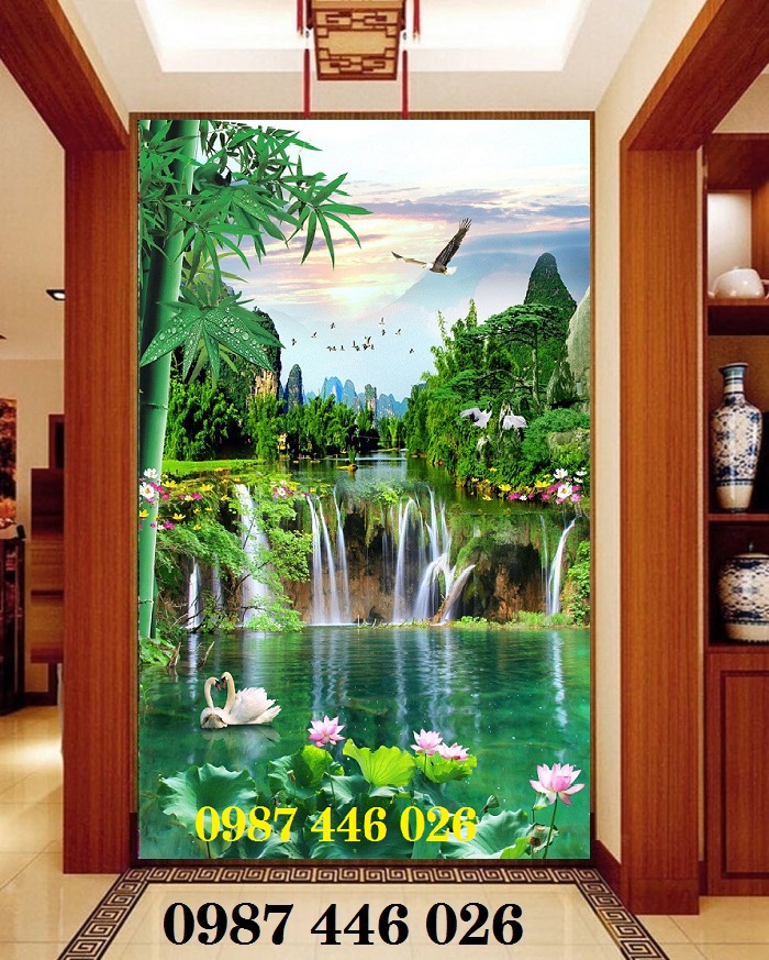Tranh gạch sơn thủy khổ đứng phòng khách HP2393