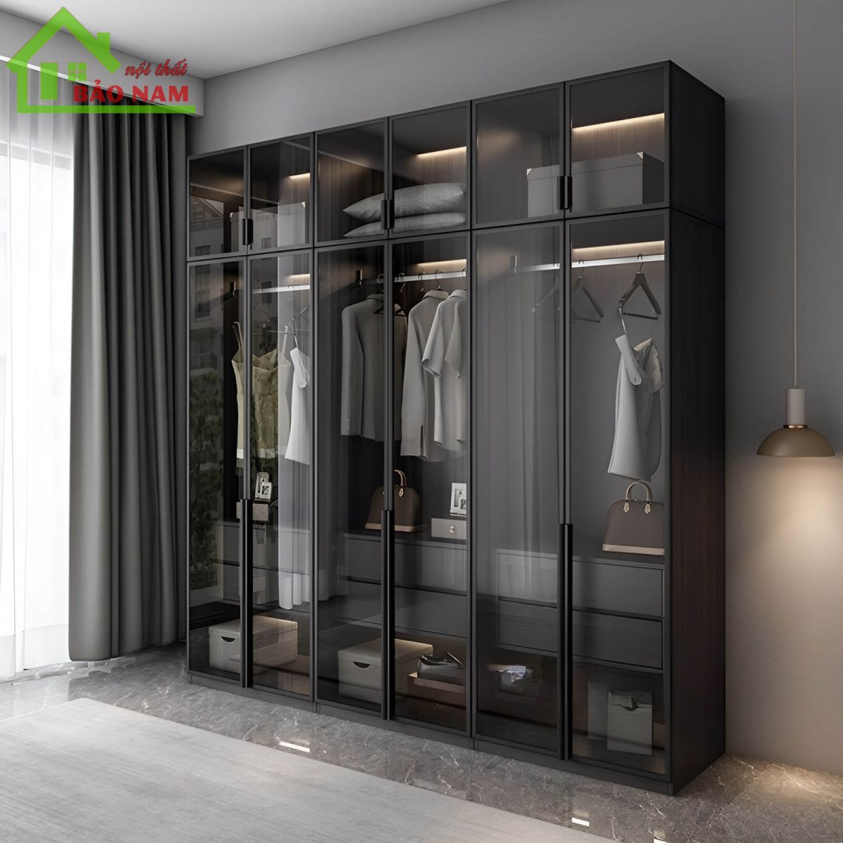 Tủ áo cánh kính đen - Mẫu tủ áo gỗ cánh kính hiện đại
