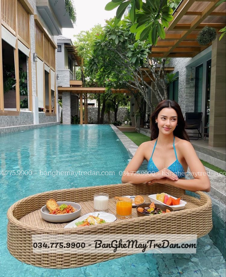 Khay đựng đồ ăn bể bơi - Bàn ghế mây tre đan