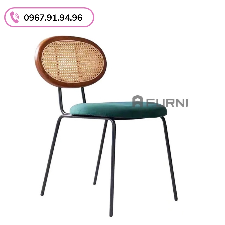Ghế ăn ghế cafe lưng gỗ đan mây nệm nhung nhỏ gọn CC1563-F