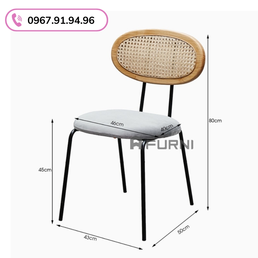 Ghế ăn ghế cafe lưng gỗ đan mây nệm nhung nhỏ gọn CC1563-F