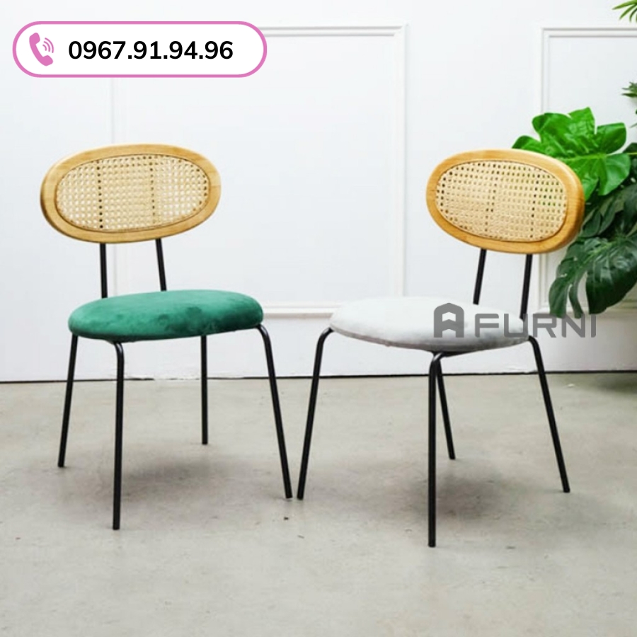 Ghế ăn ghế cafe lưng gỗ đan mây nệm nhung nhỏ gọn CC1563-F
