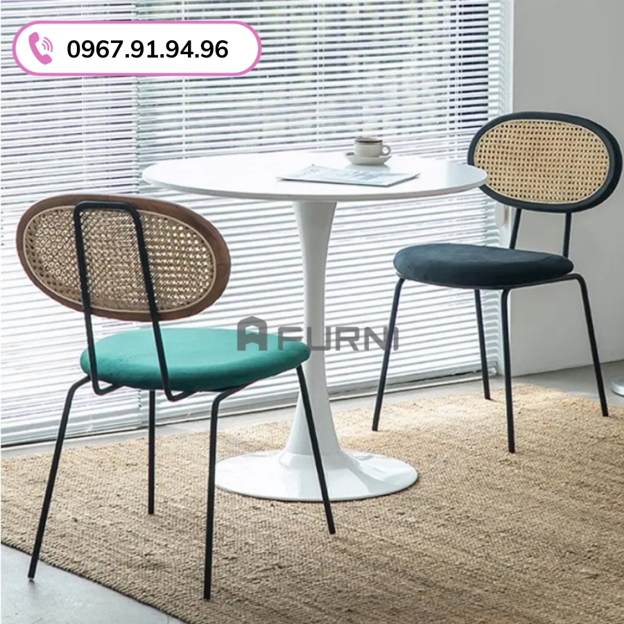 Ghế ăn ghế cafe lưng gỗ đan mây nệm nhung nhỏ gọn CC1563-F