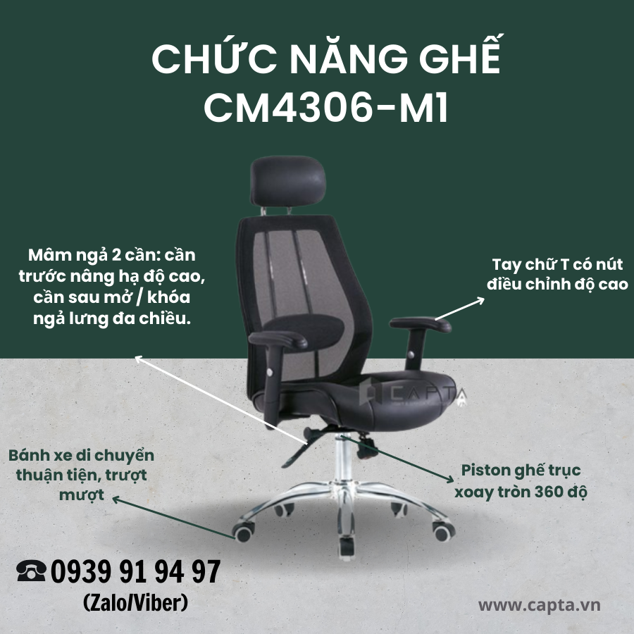 Thanh lý Ghế làm việc lưng ngã đa chiều hiện đại CM4306 Nội thất CAPTA