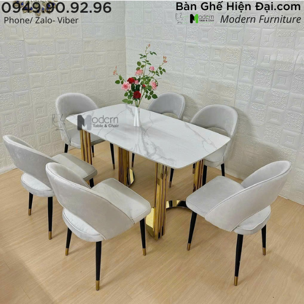 Bộ bàn ăn nhà hàng mặt đá 6 ghế chân sắt HCM Moon-14E Lara 2C-F