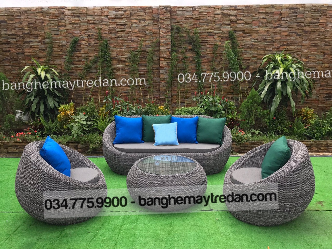 Bàn ghế mây nhựa hình trứng để phòng khách, sân vườn