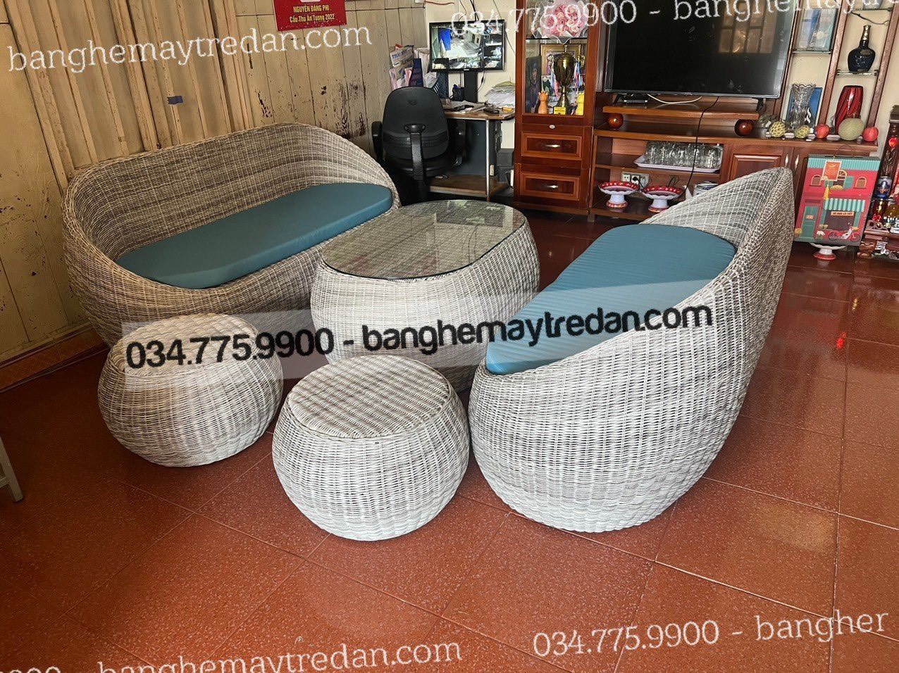 Bàn ghế mây nhựa hình trứng để phòng khách, sân vườn
