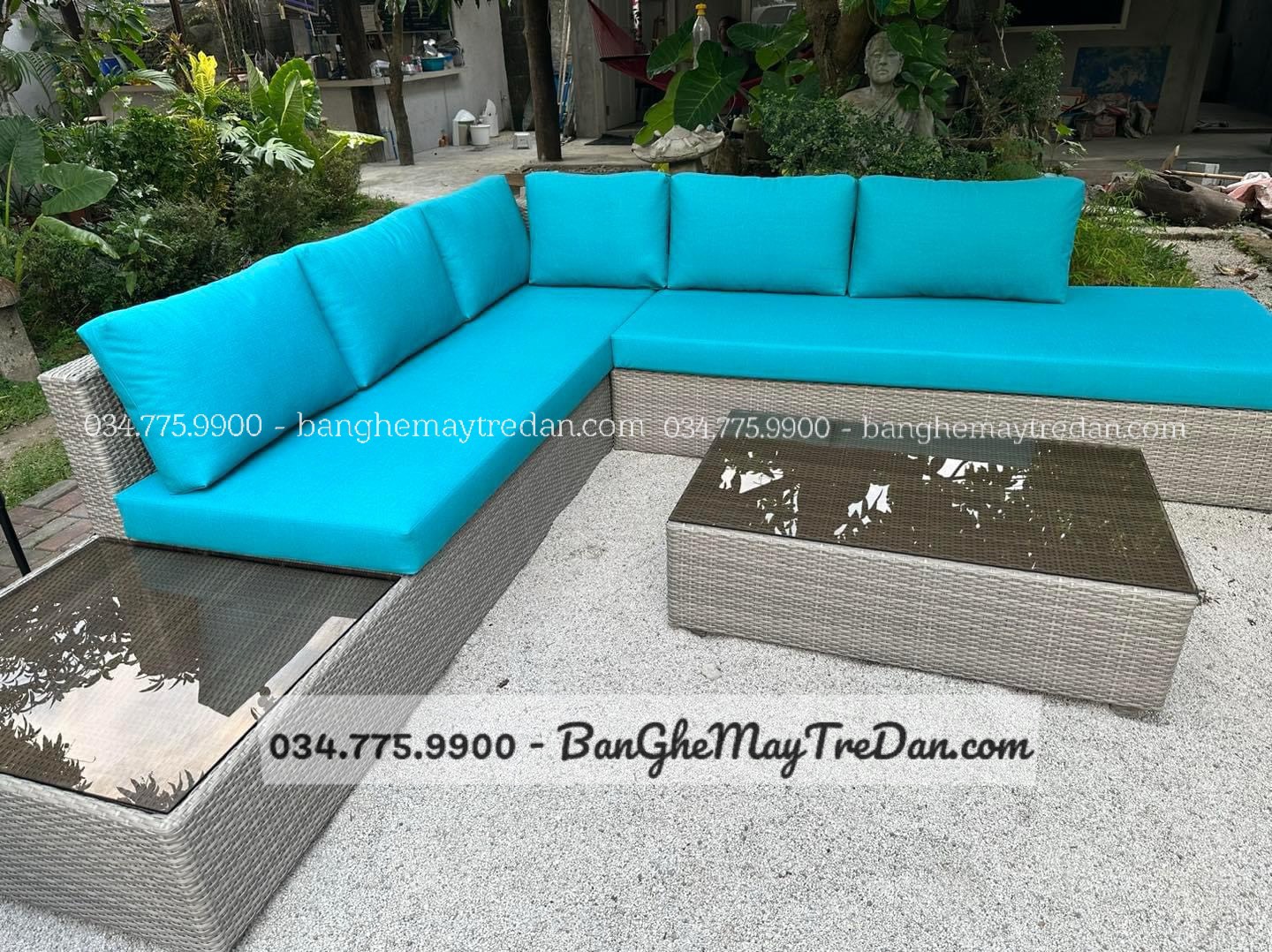 Sofa góc L để sân vườn GN447 - Bàn ghế mây tre