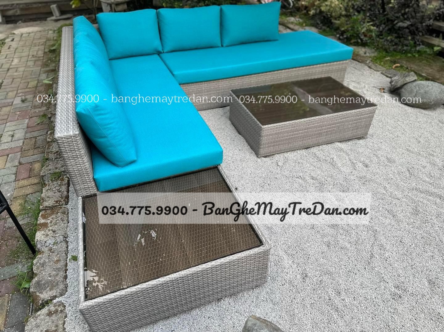 Sofa góc L để sân vườn GN447 - Bàn ghế mây tre