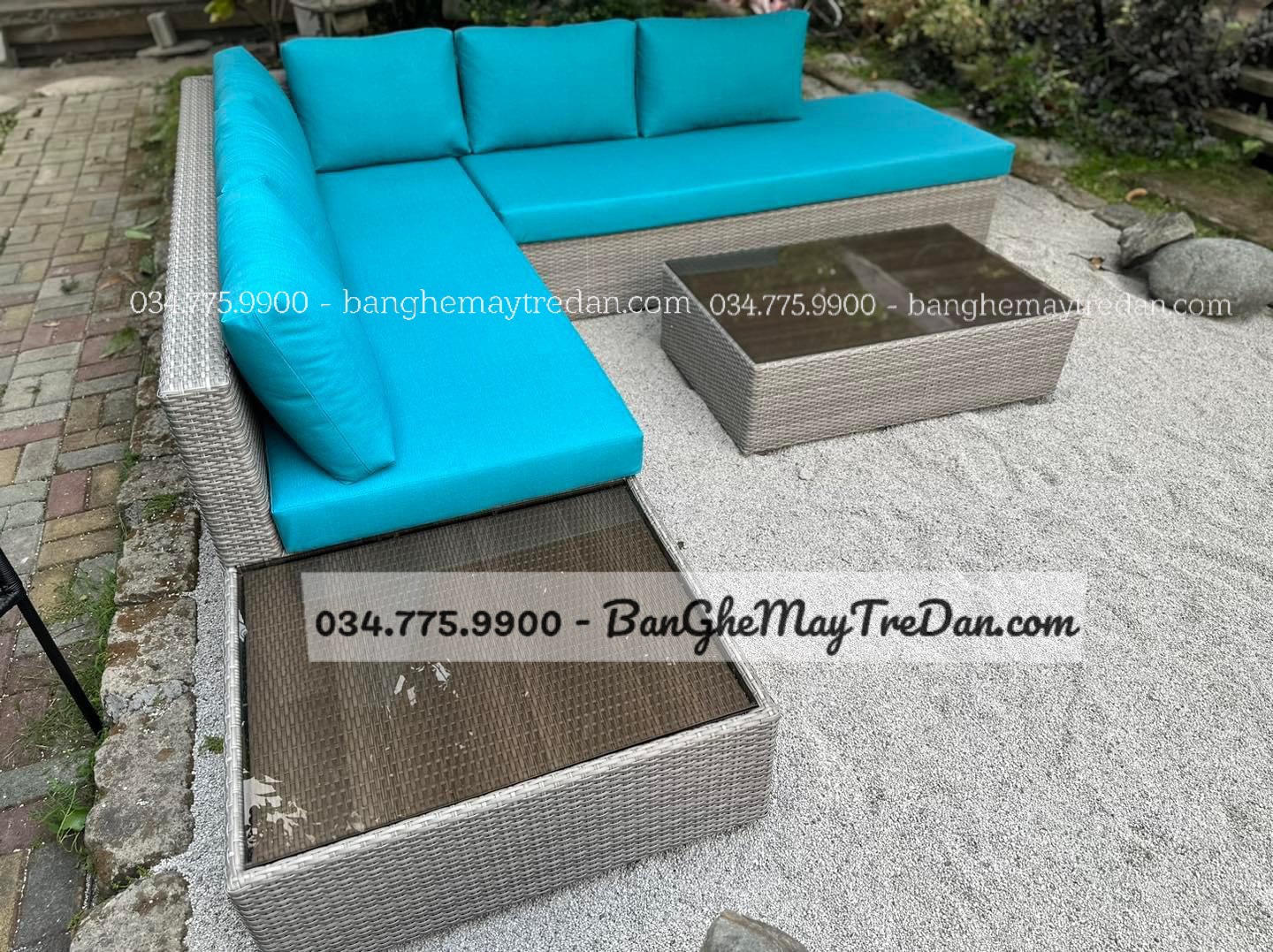 Sofa góc L để sân vườn GN447 - Bàn ghế mây tre