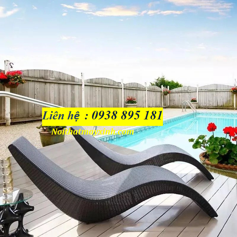Ghế bể  bơi ngoài trời mây nhựa, xưởng ghế hô bơi giả mây