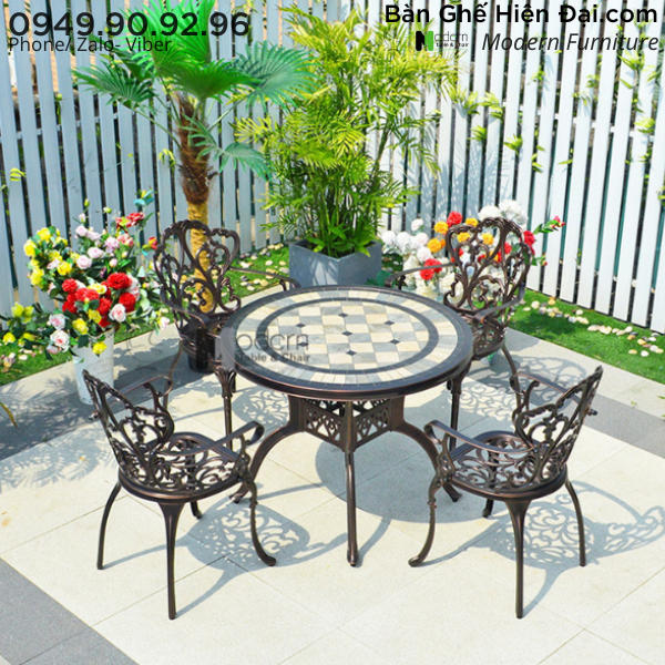 Bộ bàn tròn cafe ngoài trời mặt đá 4 ghế HCM TE2037-94A CC2014-A