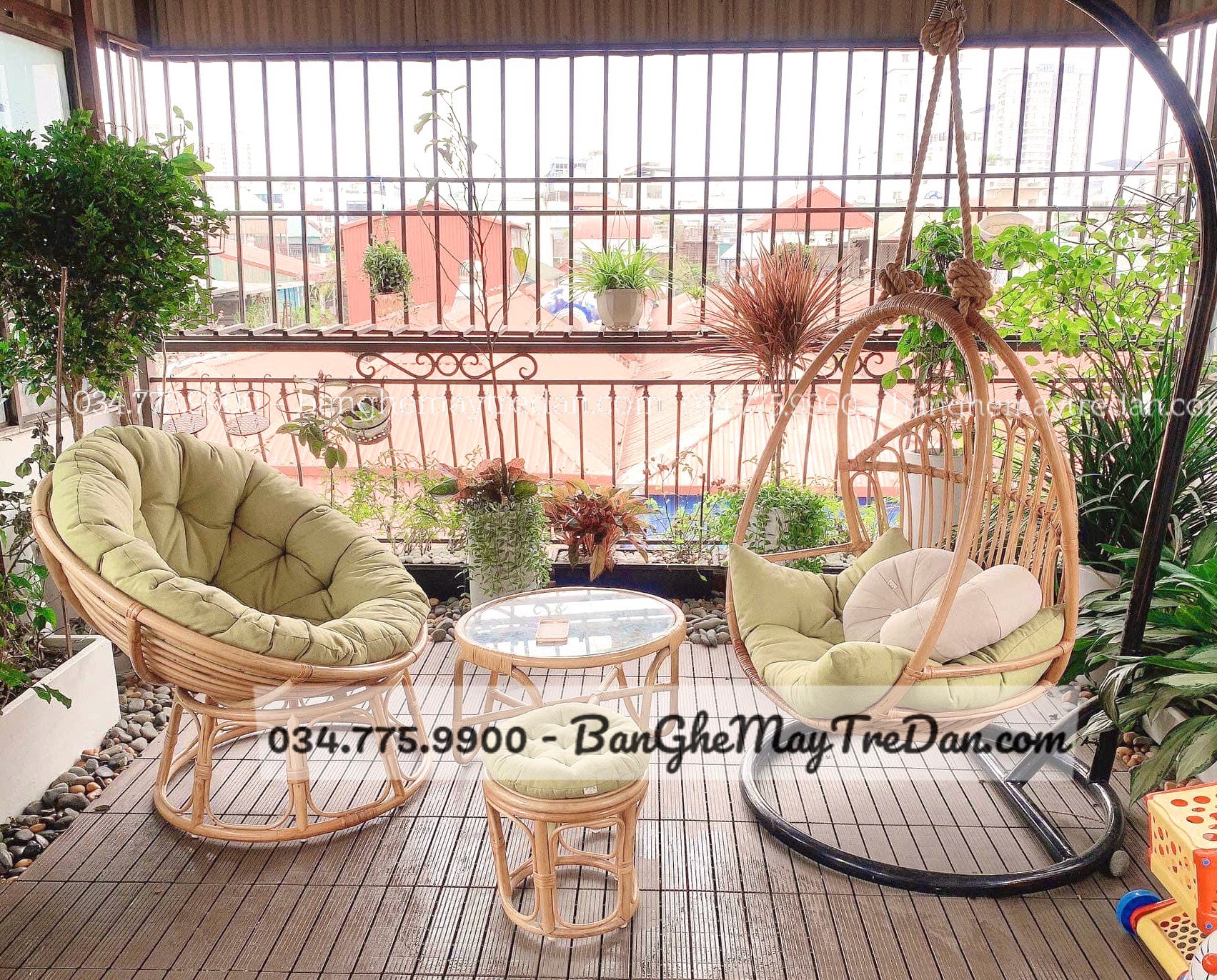 Bàn ghế, xích đu mây treo để ban công, sân thượng