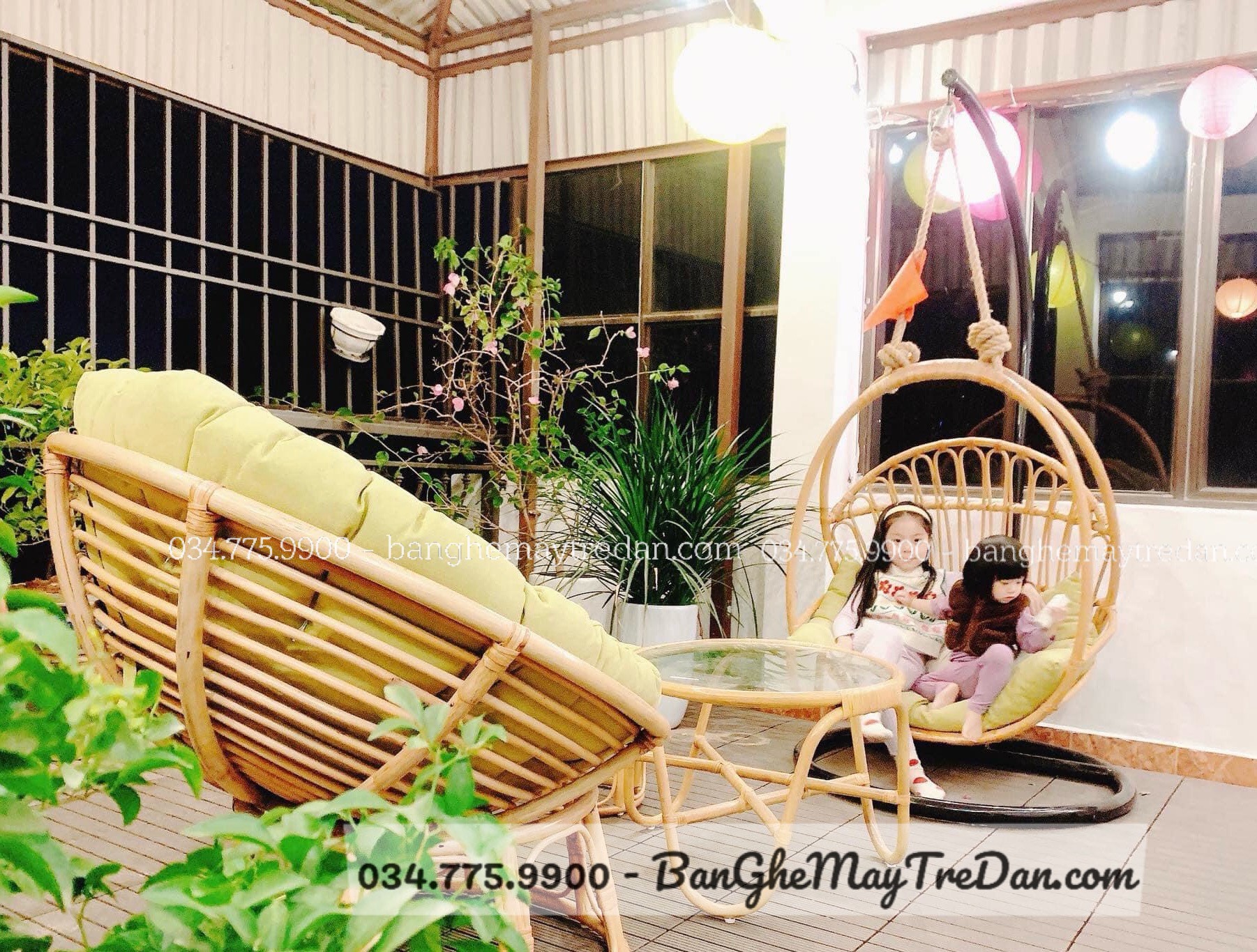Bàn ghế, xích đu mây treo để ban công, sân thượng