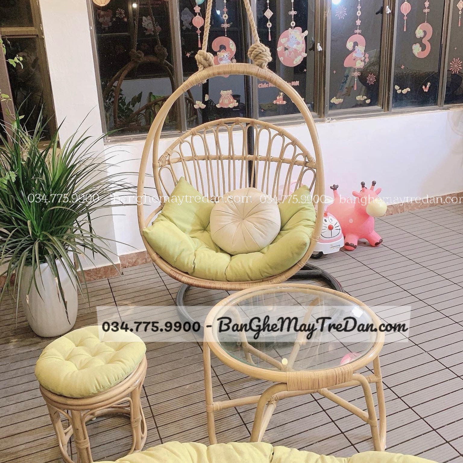 Bàn ghế, xích đu mây treo để ban công, sân thượng