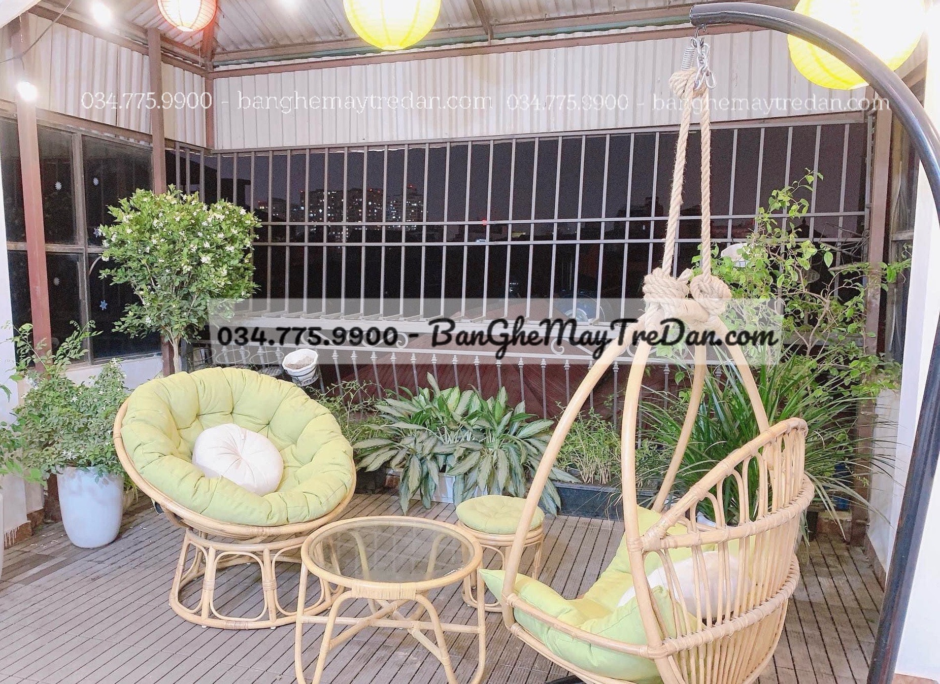 Bàn ghế, xích đu mây treo để ban công, sân thượng