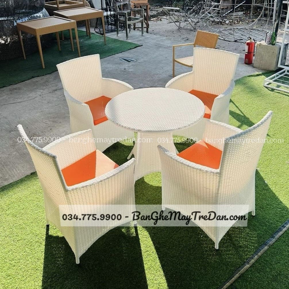 Bàn ghế cafe nhựa giả mây màu trắng GN474
