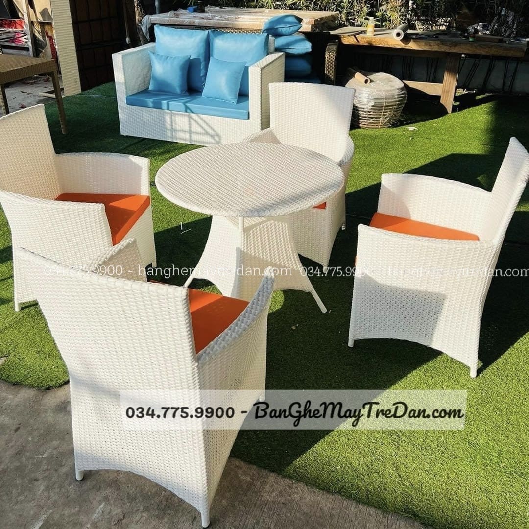 Bàn ghế cafe nhựa giả mây màu trắng GN474