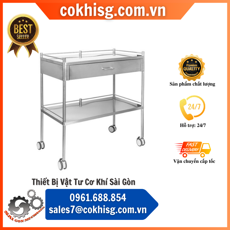 xe đẩy inox 304 y tế 2 tầng có 1 hộc kéo cksg - xd05