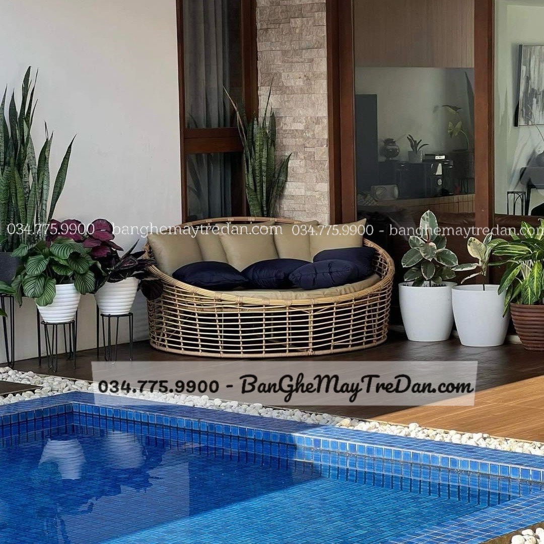 Cung cáp giường tròn mây nhựa hiện đại để hồ bơi