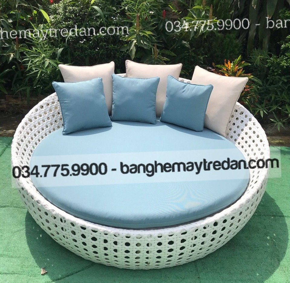 Giường tròn màu trắng nhựa giả mây đan mắt cáo