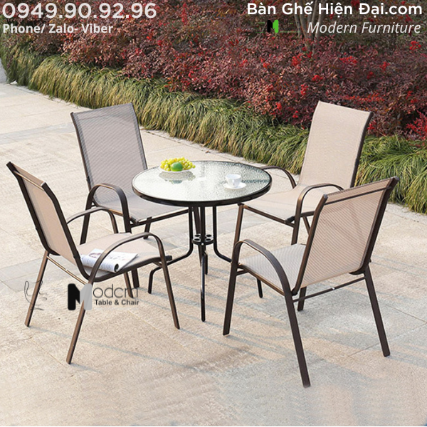Bộ bàn tròn cafe ngoài trời mặt kính 4 ghế HCM TE2020-06G CC2033-T