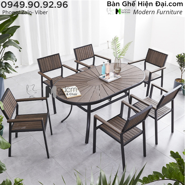 Bộ bàn tiệc ngoài trời mặt Oval 6 ghế có tay HCM TE2042-150A CC2029-A