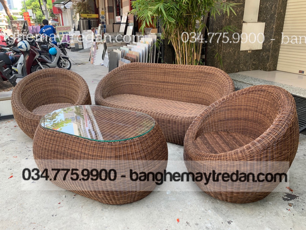 Bộ salon trứng màu nâu gỗ để phòng khách