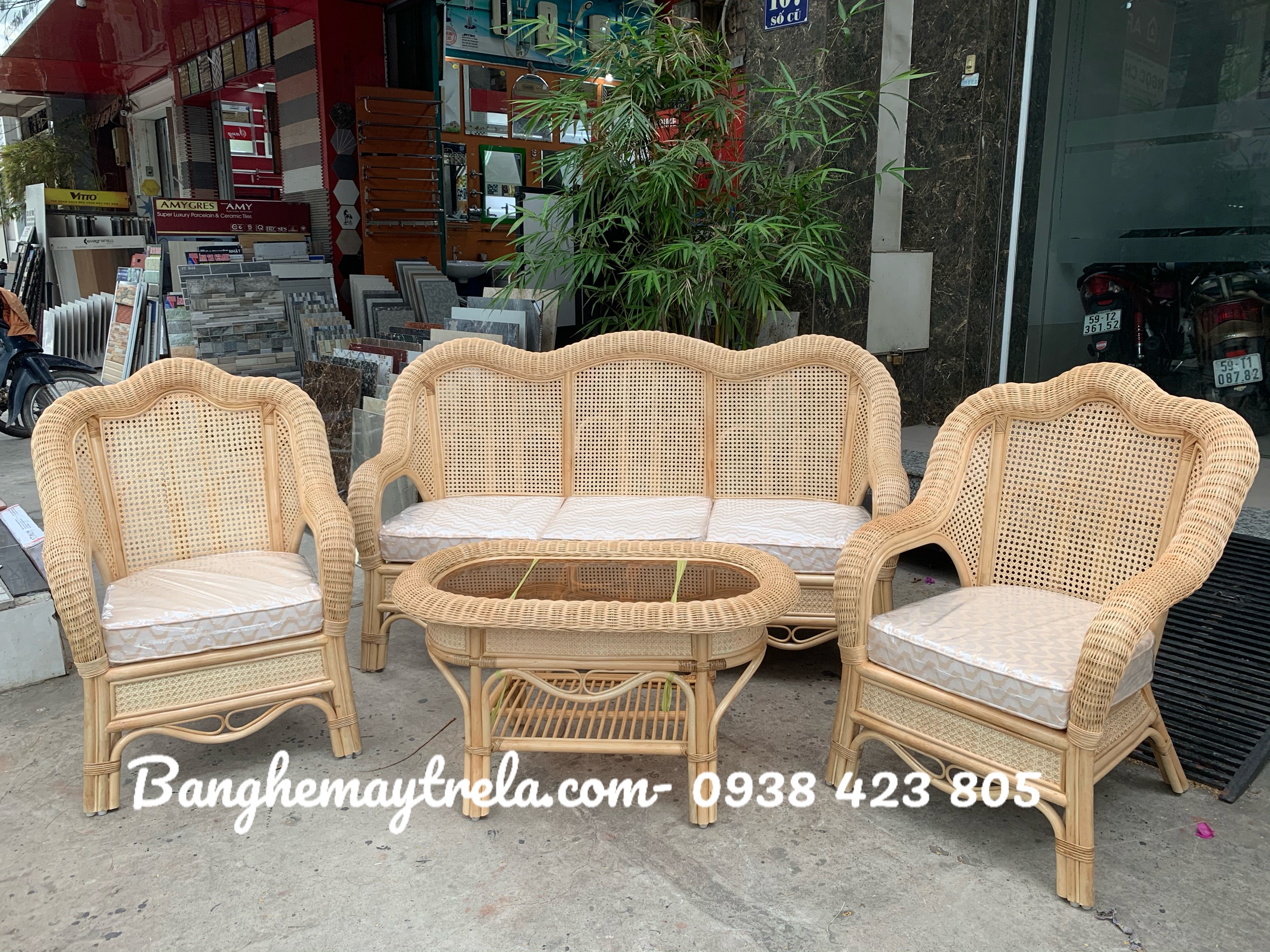 Bàn ghế sofa mây tre đan lưới mắt cáo- Sofa mây tự nhiên