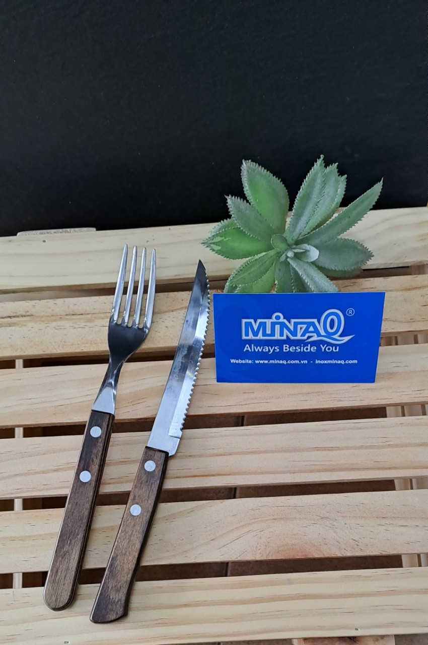 Bộ dao nĩa inox c&aacuten gỗ Lacosa, bộ dao nĩa ăn steak