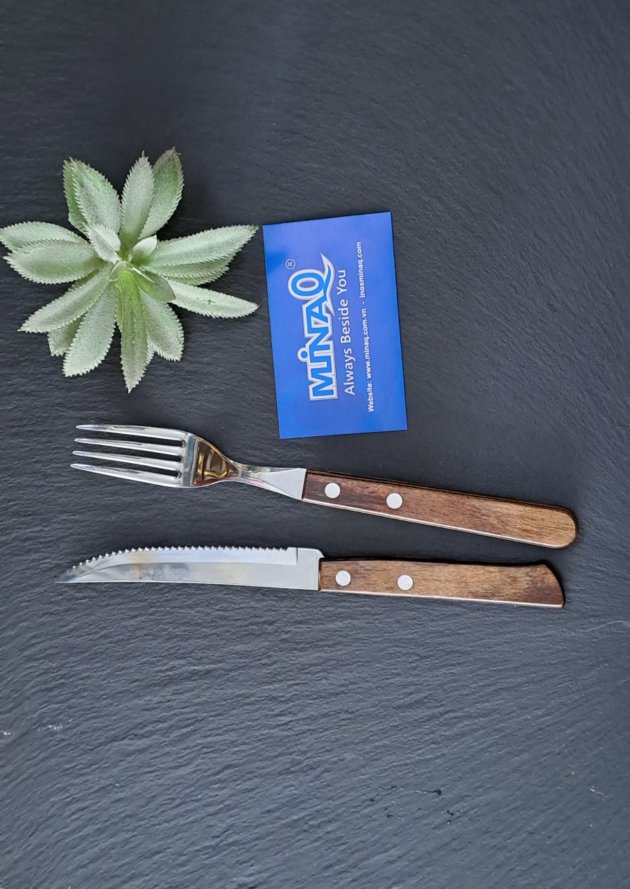 Bộ dao nĩa inox c&aacuten gỗ Lacosa, bộ dao nĩa ăn steak