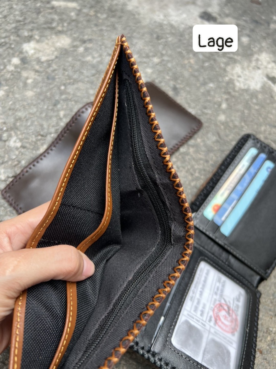 Ví da bò chân kim mini khâu viền thủ công