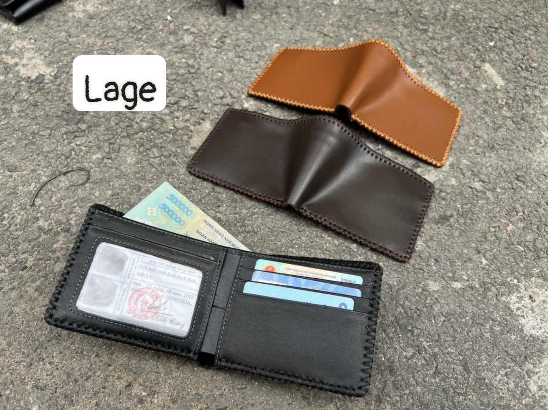 Ví da bò chân kim mini khâu viền thủ công