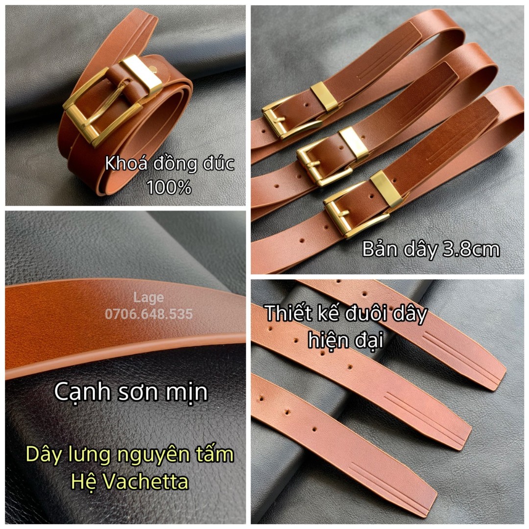 Dây lưng Vachetta da bò đầu khóa đồng đúc cao cấp