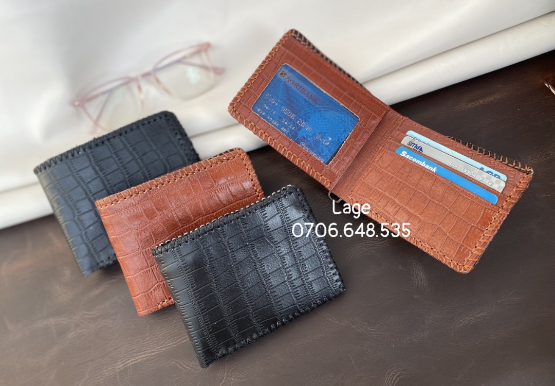 ví da bò dập vân cá khâu viền, xài cực bền