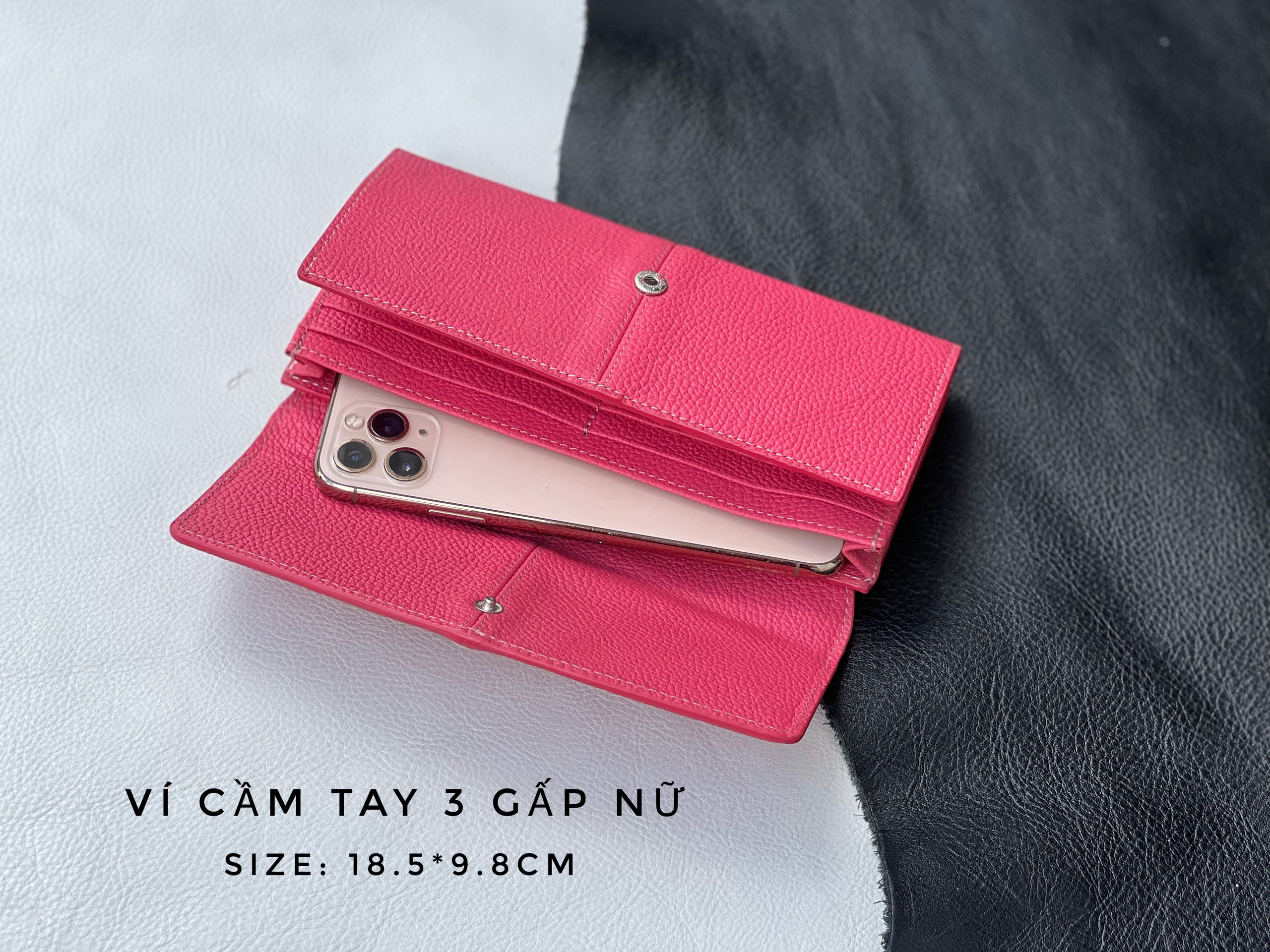 Ví cầm tay 3 gấp nữ, hàng da bò thật 100%