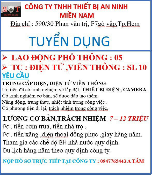 Camera Minh Tâm tuyển LĐPT, Trung cấp điện tử, NV Kỹ Thuật làm Gò Vấp
