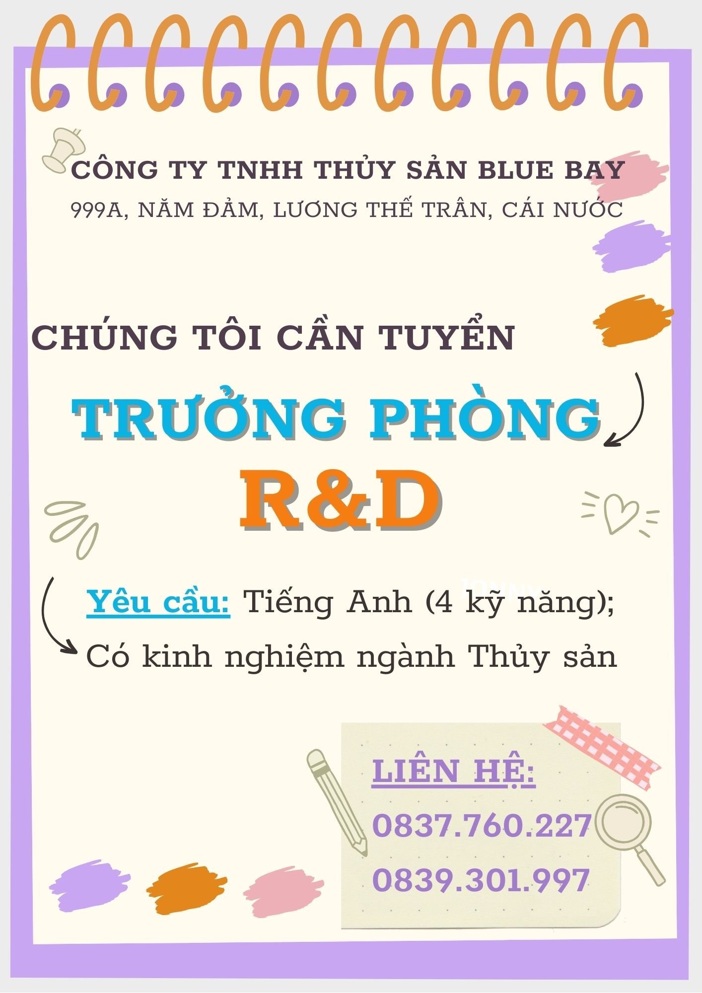 Cty Thủy Sản Blue Bay Cà Mau tuyển Trưởng Phòng R-D và Sale, trợ lý